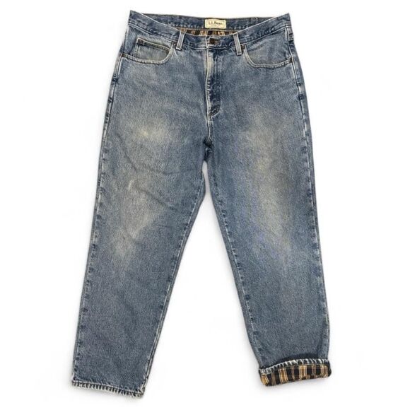 L.L.Bean Flannel Lined Jeans Mens 36x30 Blue Natural Fit Plaid Warm Workwear - Picture 1 of 6